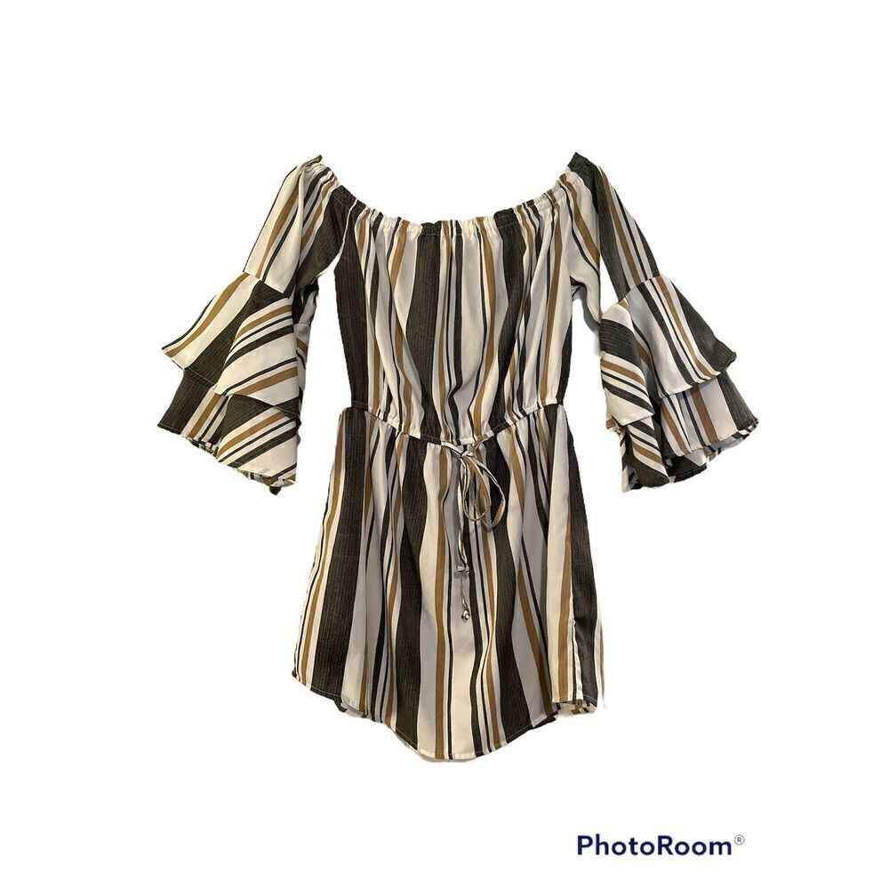 HINT of Blush off-shoulder dress with bell ruffle sleeves and front tie size M